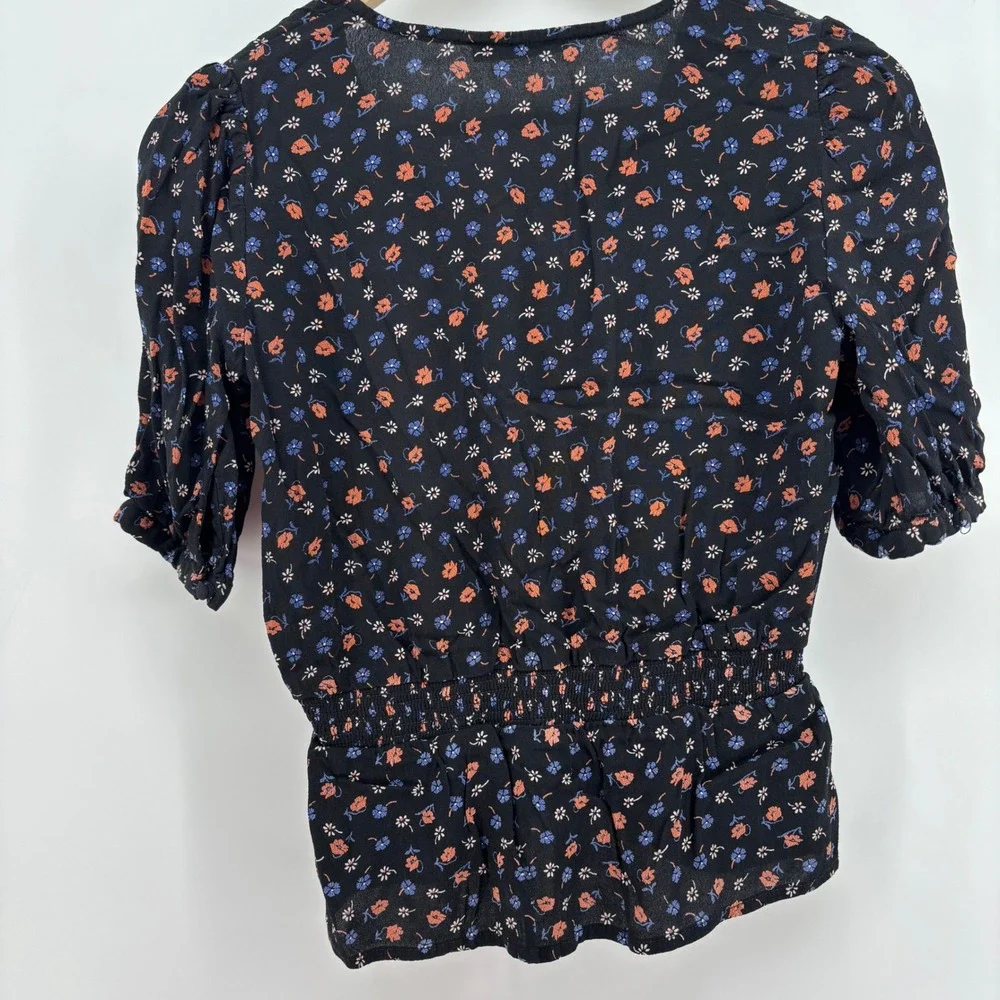 Madewell Womens Blouse XS Black Floral V-Neck Smocked Peplum Top Romantic Boho